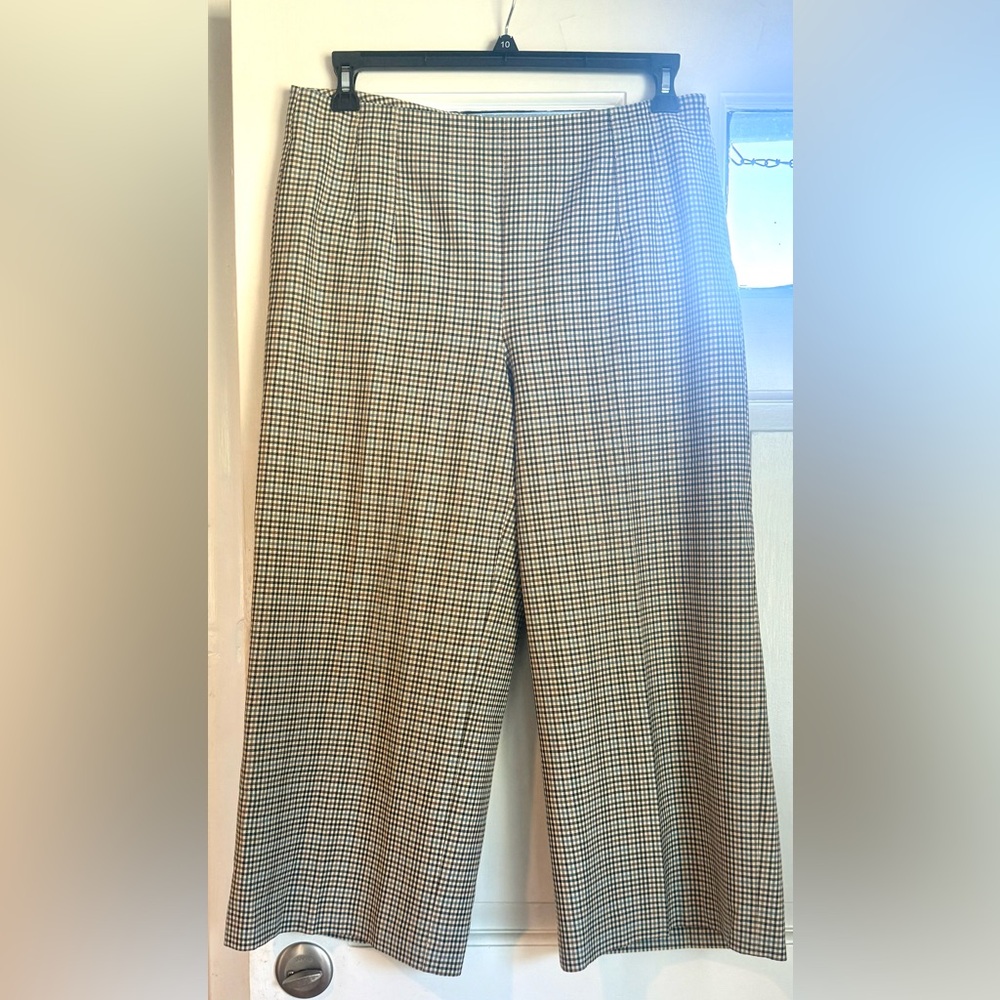 LOFT Tan and Brown Checkered Cropped Wide Leg Pants